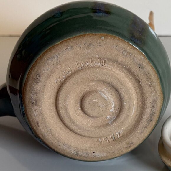 Handcrafted Green Pottery Teapot Rattan Handle Artisan-Made Signed - Picture 3 of 9